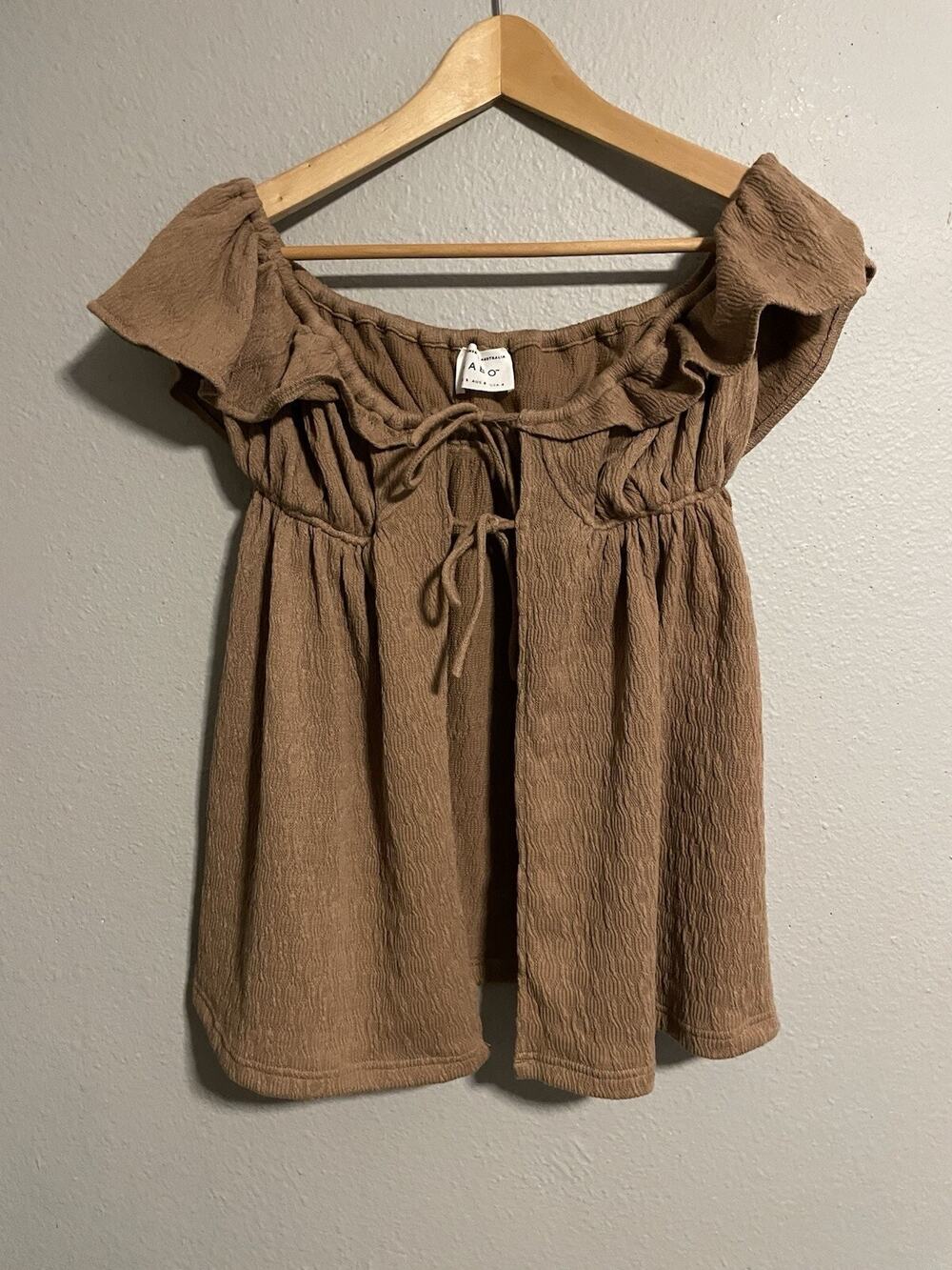 Sabo Womens Top Size 4 Brown Off the Shoulder Tie Front Ruffle Milkmaid Boho